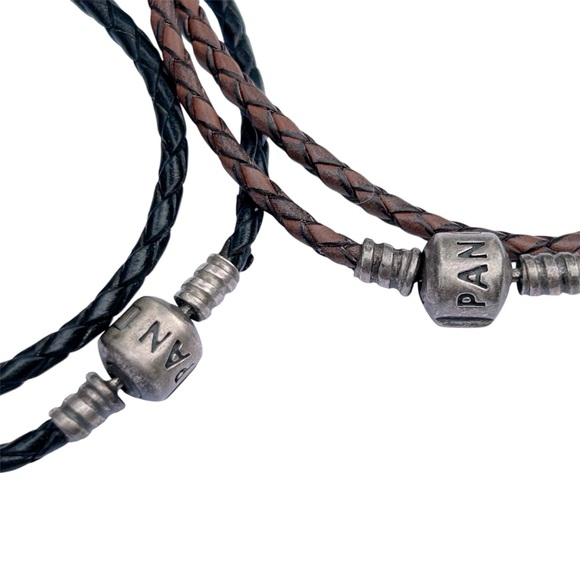 2 Authentic Pandora Braided Leather Double Wrap Bracelets with 925 Silver Clasps - Picture 1 of 10